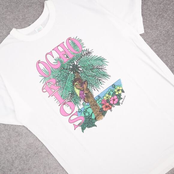 VTG 80s Ocho Rio Jamaica Beach Palm Tree 2XL White Short Sleeve T-Shirt - Picture 7 of 9